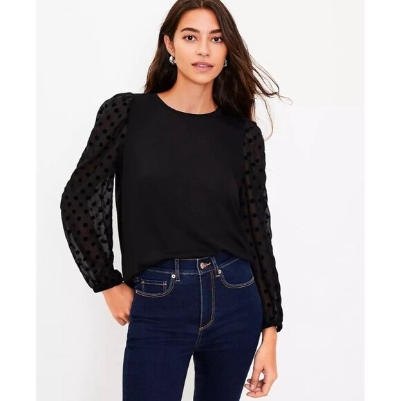 LOFT Ann Taylor Velvet Dot Ruffles Top Sz M Blouse Black Boho Casual Party Goth - Picture 1 of 7